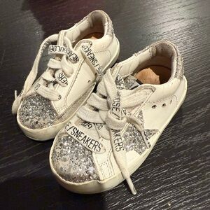 Golden Goose Kids White and Silver Glitter Sneakers
